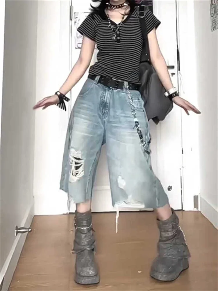 High Street Vintage Ripped Denimกางเกงขาสั้นผู้หญิงY2Kล้างหลวมขากว้างCroppedกางเกงยีนส์ดิบHemกลางลูกวัวกางเกงStreetwear E-สาว