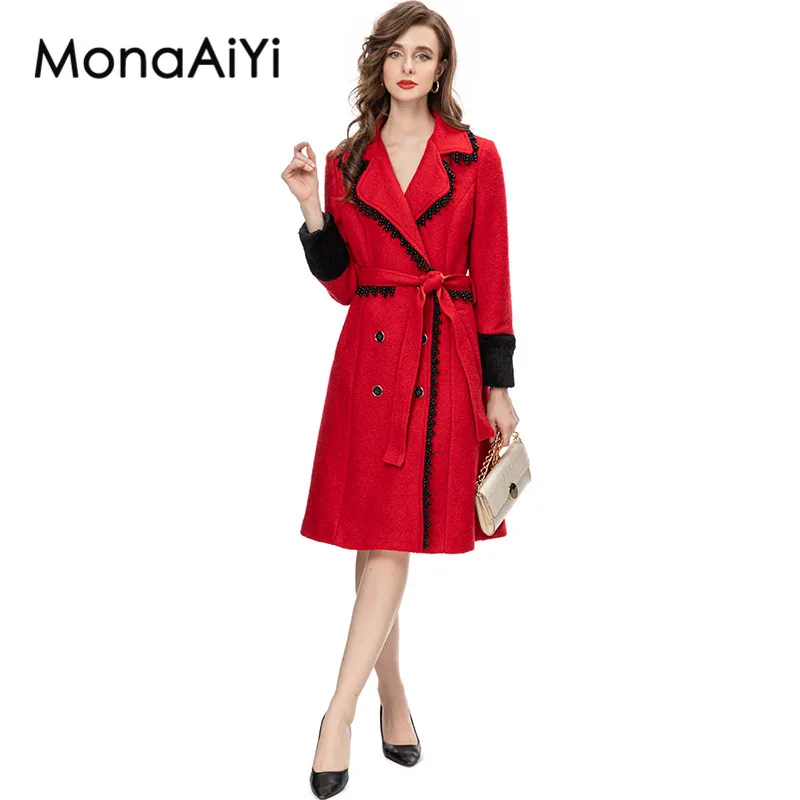 MonaAiYi New Fashion Designer Autumn Outerwear Women's Beaded Lapel Classic Double-Breasted Adjustable Girdle Red Woolen Coat