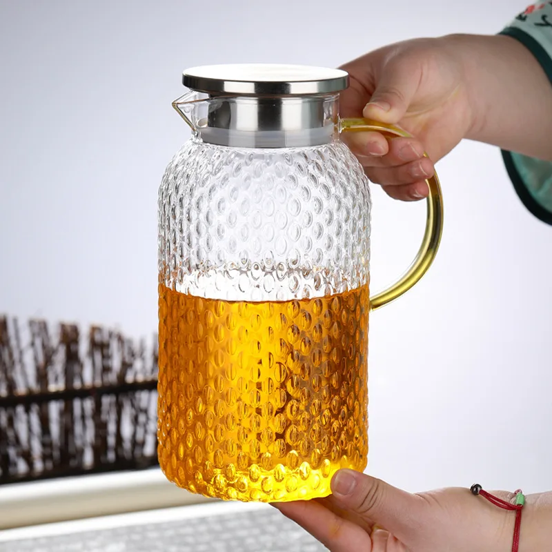 JUSTINLAU Cold Water Jug Heat-resistant Glass Teapot Large Capacity Rice Grain Pattern Boil Water Kettle for Kitchen and Dining