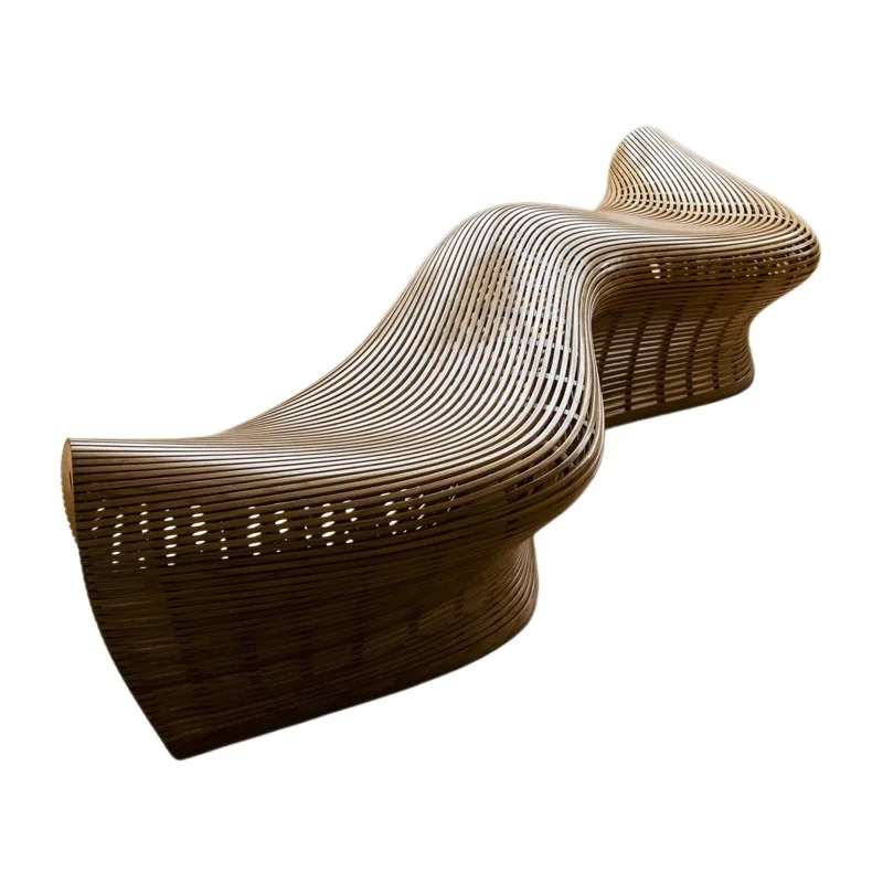 cascading curved wooden strip wave bench commercial public area custom solid wood special-shaped leisure bench seat