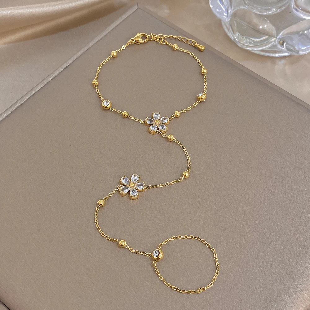 Trendy Gold Plated Stainless Steel Bracelets for Women Elegant Zircon Flower Link Connected Finger Ring Hand Chain Jewelry Gifts