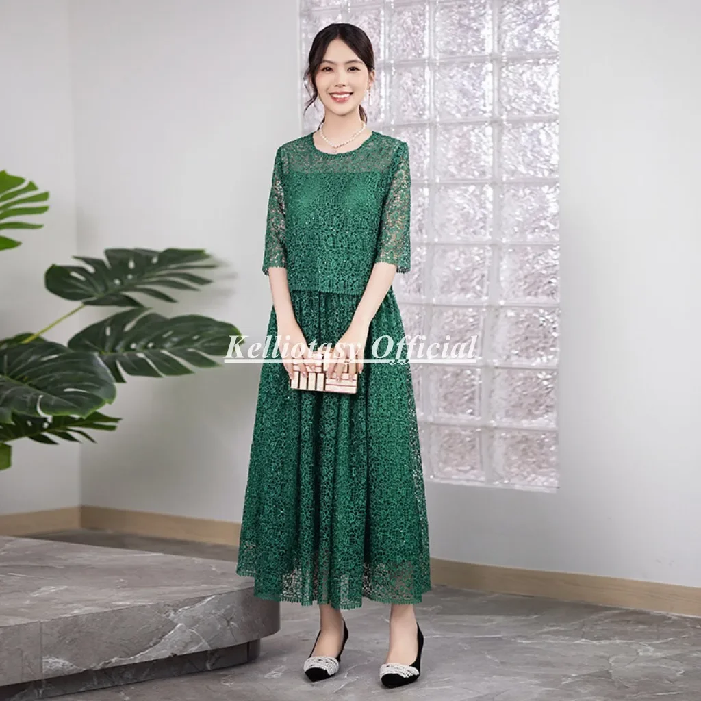 

Customized Plus Size Mother Of the Bride Dresses Elegant Lace Tea Length Modest Green Mother Of The Bride Dress YSM137