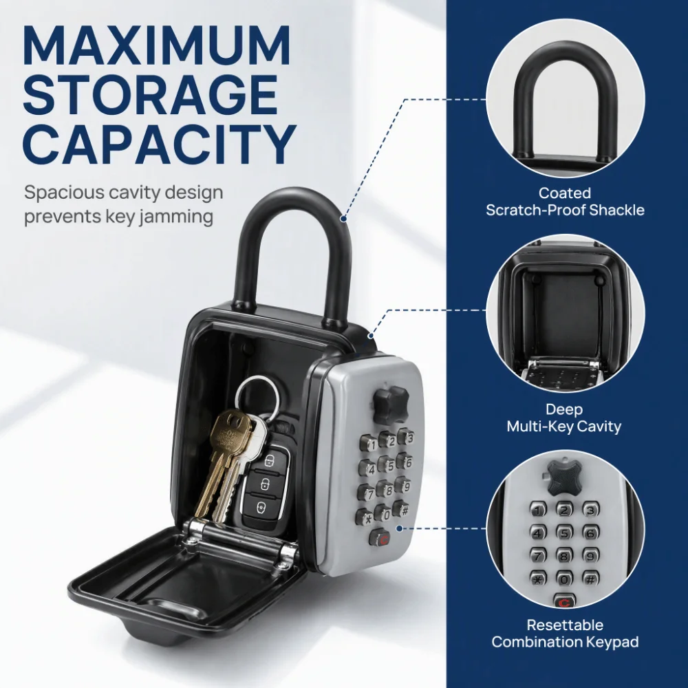 Portable 12 Digit Keyboard Key Lock Box Anti-Theft Resettable Combination Key Lock Aluminum Alloy Wall Mounted Key Box Home