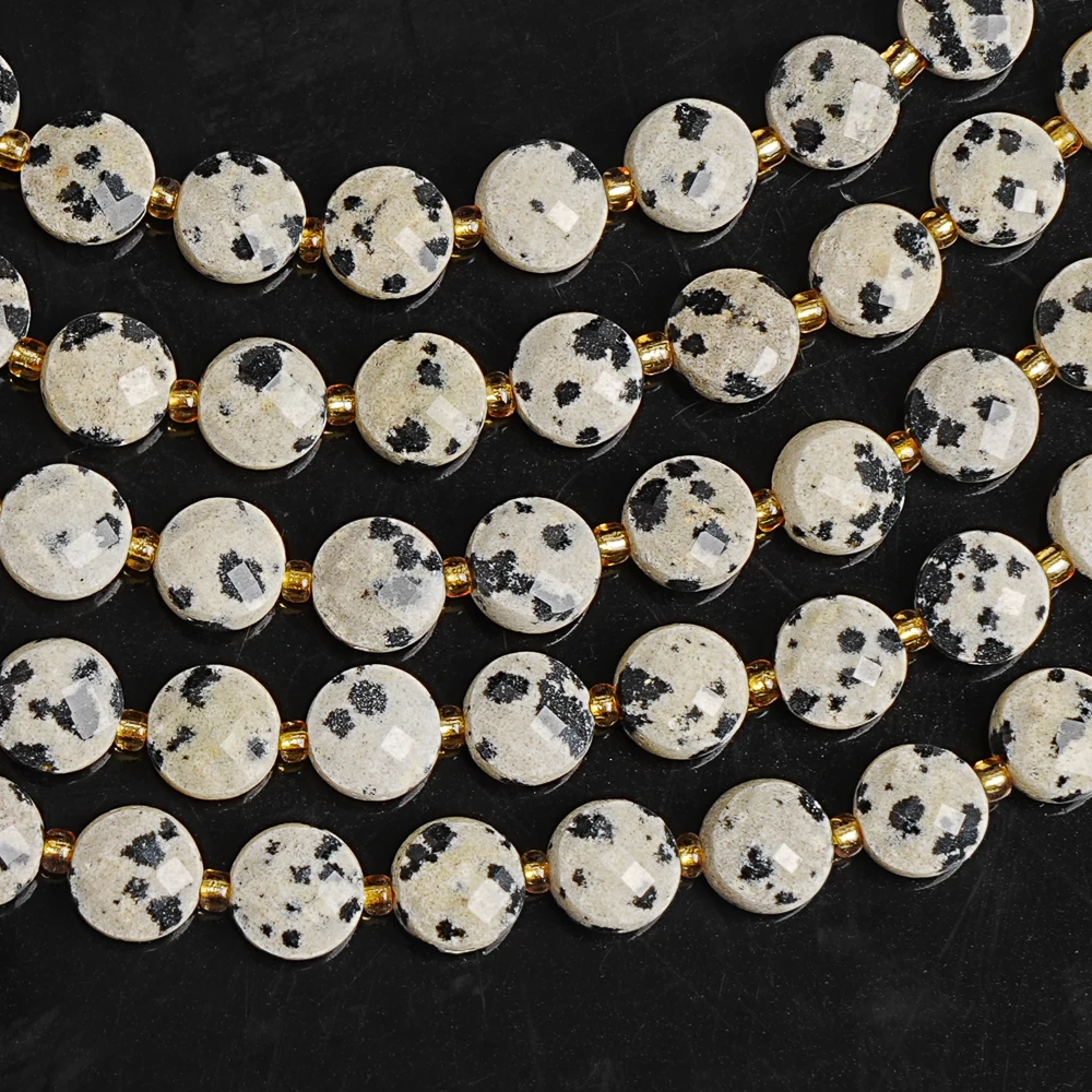 6MM SPOTTED STONE FACETED COIN BEADS WHITE BLACK SPOTS LOOSE BEADS DIY JEWELRY MAKING BRACELET NECKLACE ACCESSORY HANDMADE GIFT