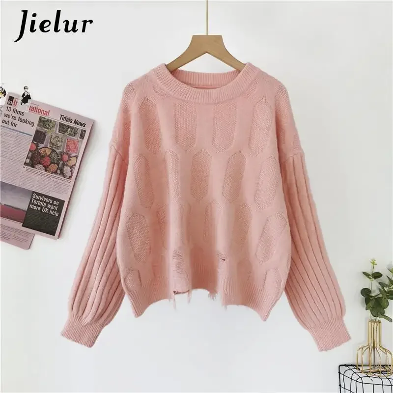 Jielur-Pull à col rond pour femme, pulls coréens, pull femme chaud, document bonbon, bleu, rose, automne, hiver