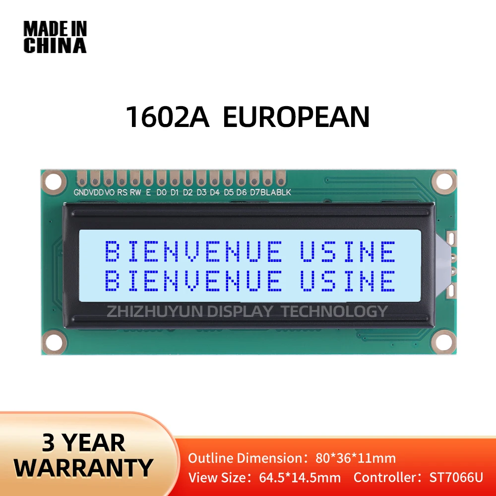 LCD1602A pantalla de matriz de puntos de personaje europeo, película gris, palabra azul, LCD/LCM, módulo LCD de 16x2 COB