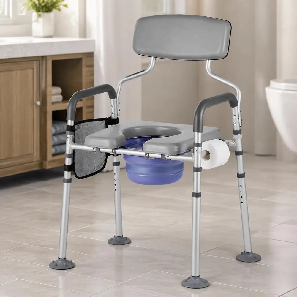 Chaise de toilette nocturne, capacité de poids de 227 kg, rehausseur de siège de toilette avec siège et dossier rembourrés, seau amovible de 5 L, chaise de toilette (hauteur et largeur réglables) pour adultes