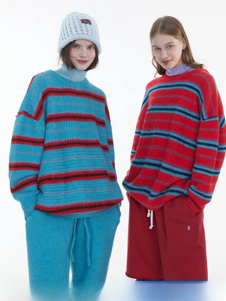 

Новый универсальный вязаный свитер DNT с длинными рукавами и круглым вырезом, в полоску, свободного кроя, из полиэстера, теплый, повседневный, для женщин