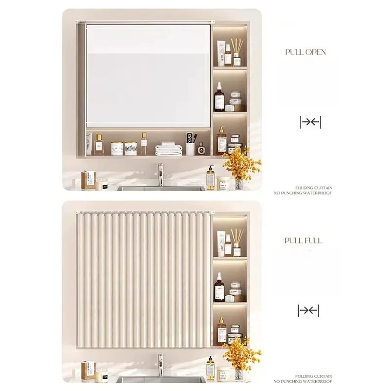 No‑Drill Mirror Cover Curtain Waterproof Pleated Curtain For Bathroom Cabinet Sink Counter Privacy Blind Dressing Table Decor