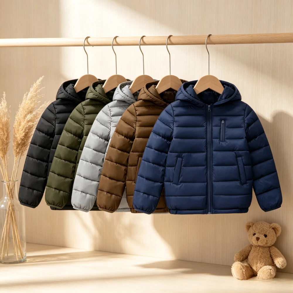 Boys Lightweight Hooded Puffer Jacket Concealed Zip Tops Quilted Coat Kids Casual Sporty Autumn Winter Outwear for School Daily