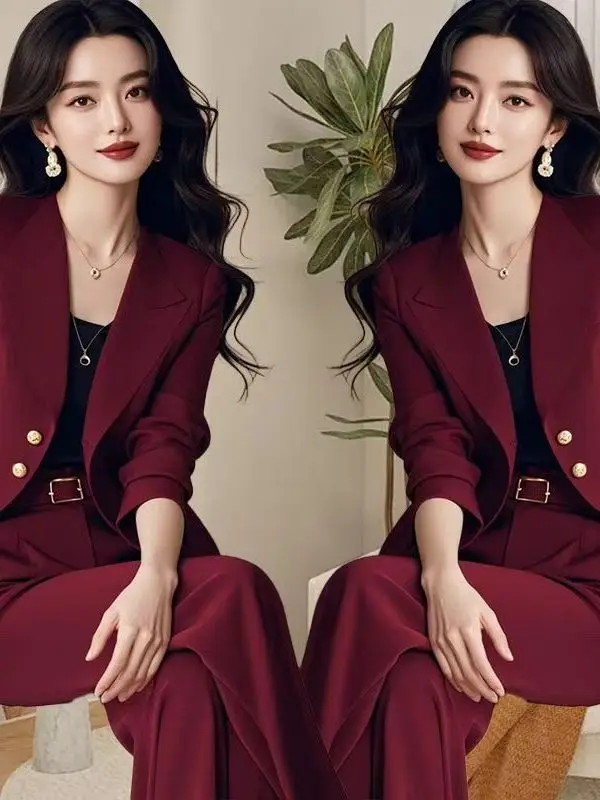 

Beautiful Small Fragrance Style Suit Jacket And Pants Set Elegant Autumn Spring High Waist Pants Long Sleeve Polyester Fiber