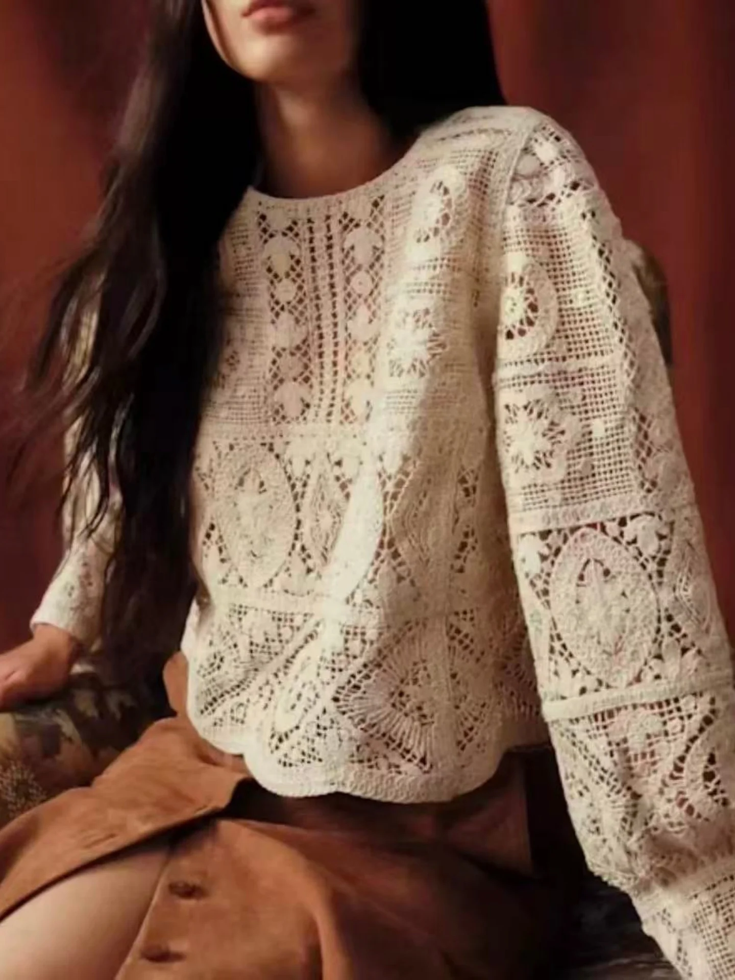 

Retro Heavy Embroidery Knitwear round Ne Casual Wave Women's Long Sve Sweater Comfortable Loose Fit Faion Sle