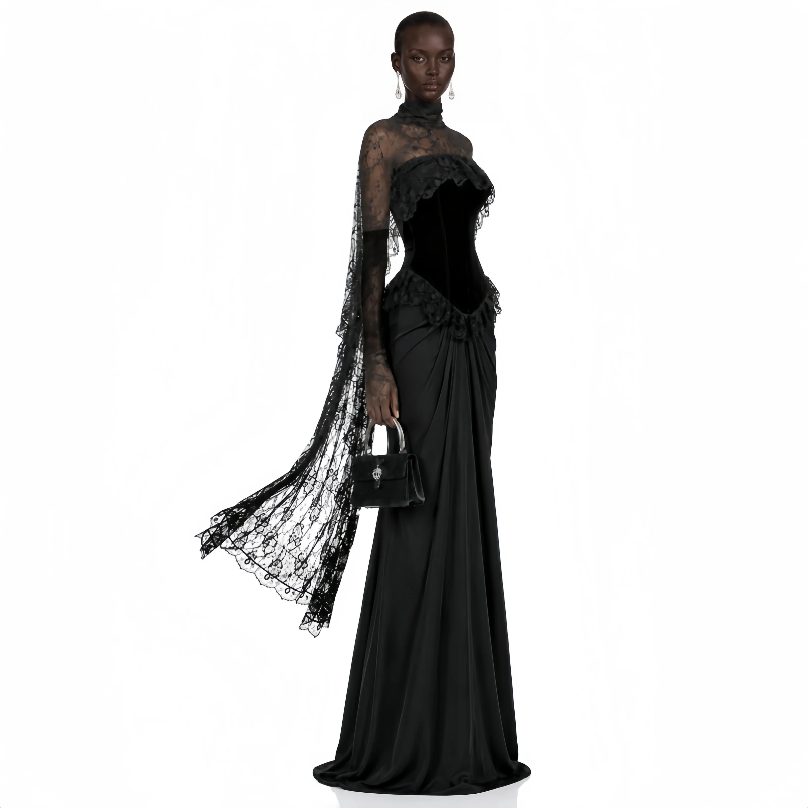 Vintage Black Evening Maxi Dress Velvet Corset Top Sheer Lace High Neck Cape Gala Cocktail Birthday Red Carpet Events Custom