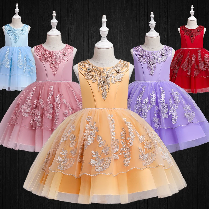 

2-10 Years Luxury Kids Dress Embroidered Flowers Formal Pageant Girls Piano Performance Birthday Party Evening Elegant Dresses