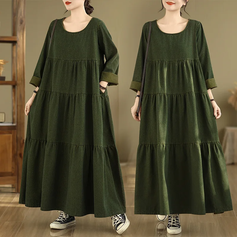 

Vintage French Style Denim Cotton Maxi Dress Women Spring Autumn O-Neck Long Sleeve Plus Size Casual Loose A-Line Dresses