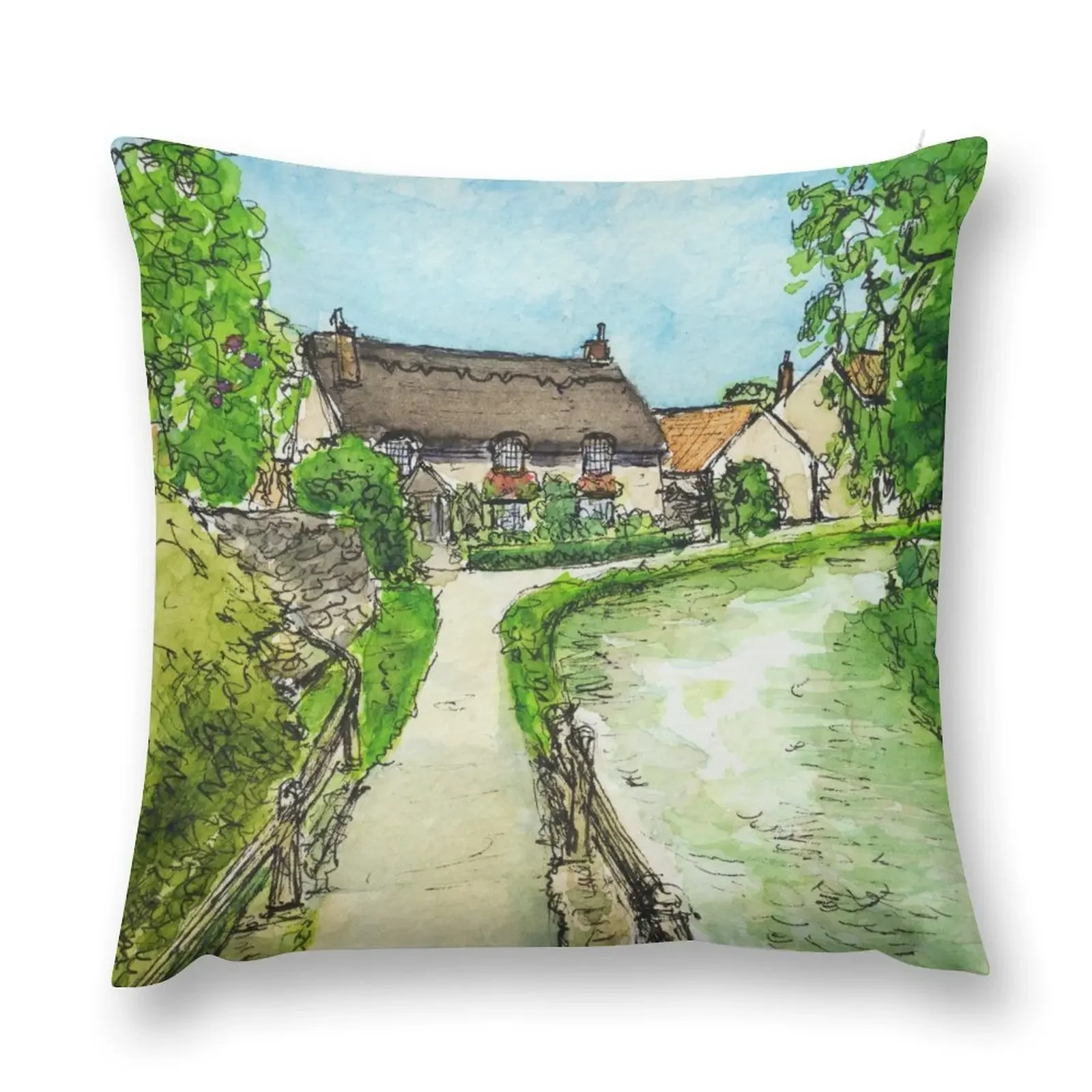 Pretty Thatched Cottage in Thornton-le-Dale - Ink and Watercolour Throw Pillow bed pillows Custom Cushion Photo pillow