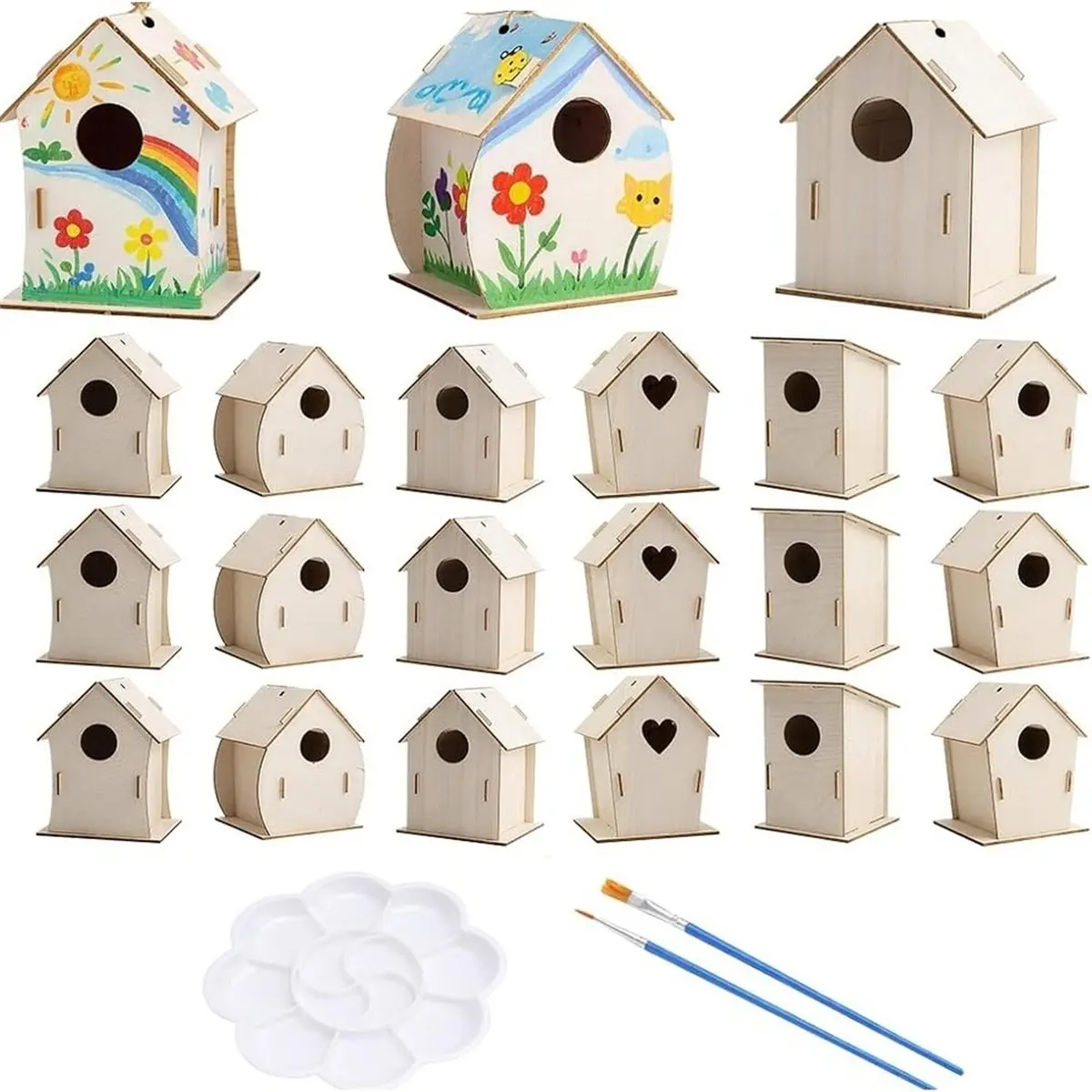 18 Pack DIY Bird House Kits - 6 Styles Unfinished Wooden Birdhouse Craft Project for Class Party, Family Activity A