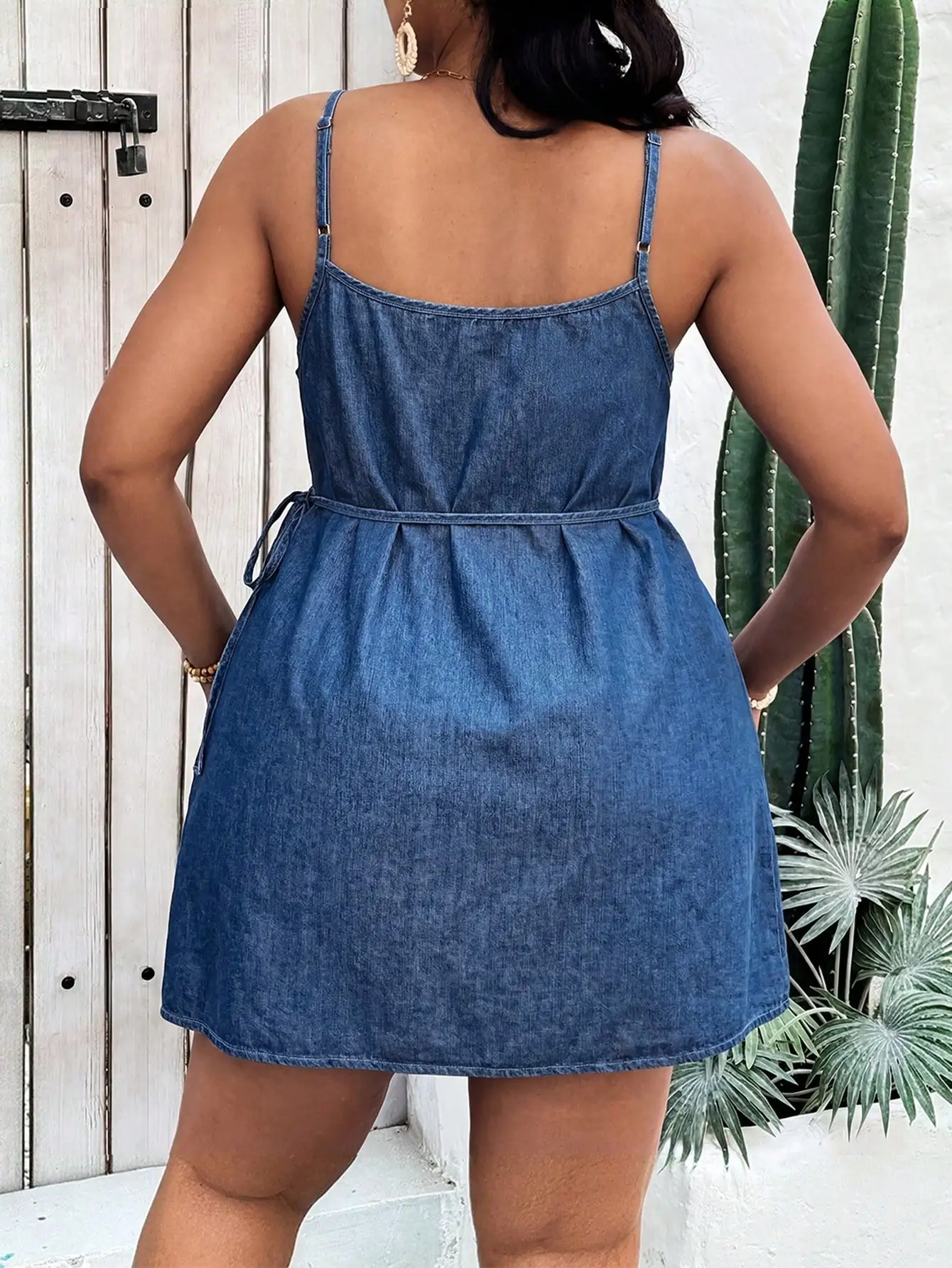 

Denim Mini Dress With Adjustable Waist Tie, Sleeveless Casual Summer Outfit For Women