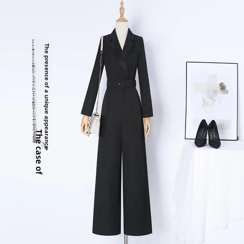 

Elegant Black One-Piece Suit Pants High Waist Wide Leg Autumn Winter Women's Fashionable Lady's All-In-One Pants Casual Trousers