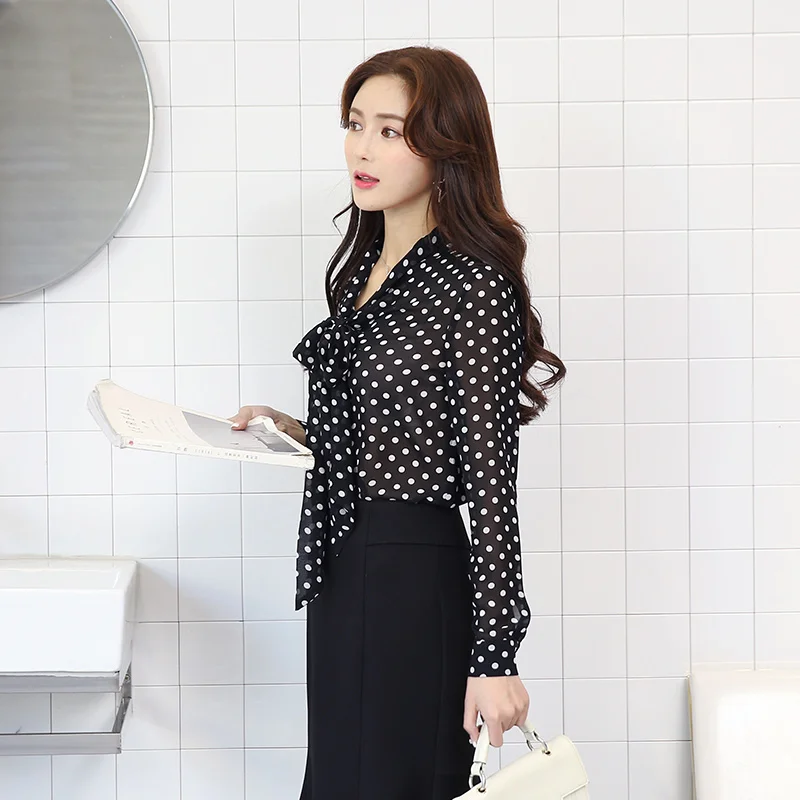 Fashion Polka Dot Printed Chiffon Women Shirt 2023 Spring Office Ladies Elegant Bow Pullovers Commuter V-Neck Loose Blouse Woman