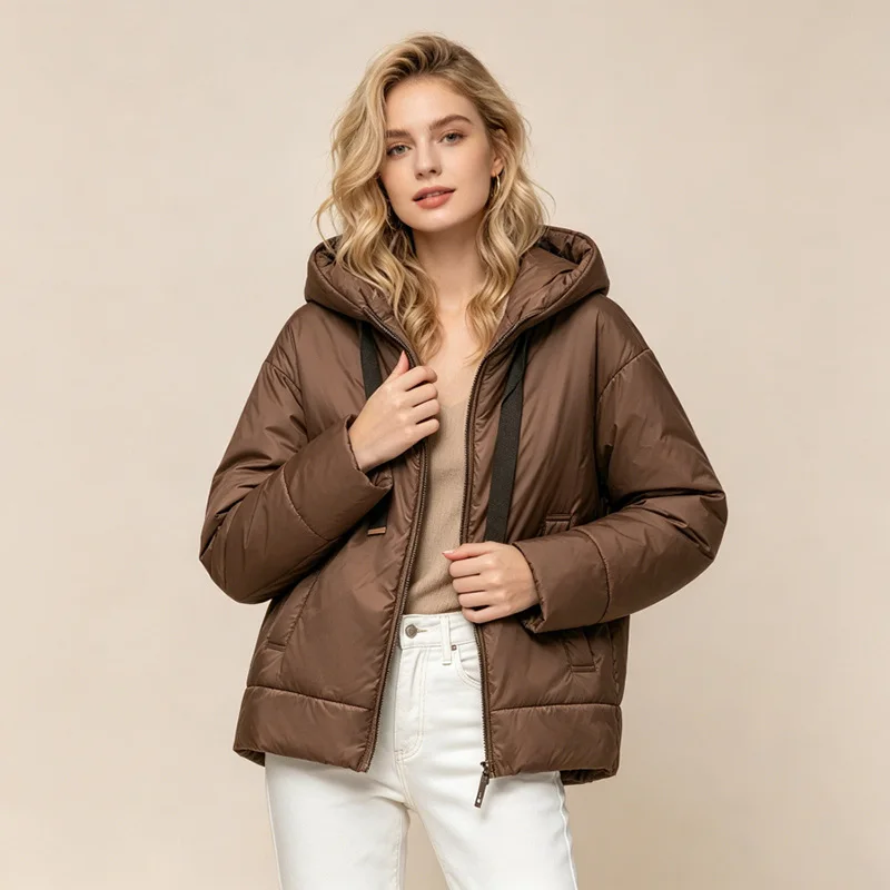 Schinteon Women Camel Down Jacket with Hood Solid Color Fashionable Autumn Winter Warm Outwear Parka 2026 New European Style