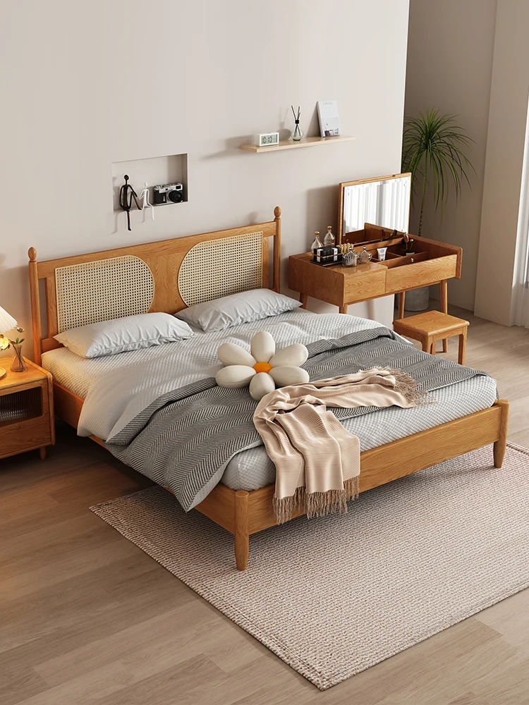 White wax wood solid wood bed, natural wood style bedroom, rattan woven bed, modern and simple Nordic style, silent style