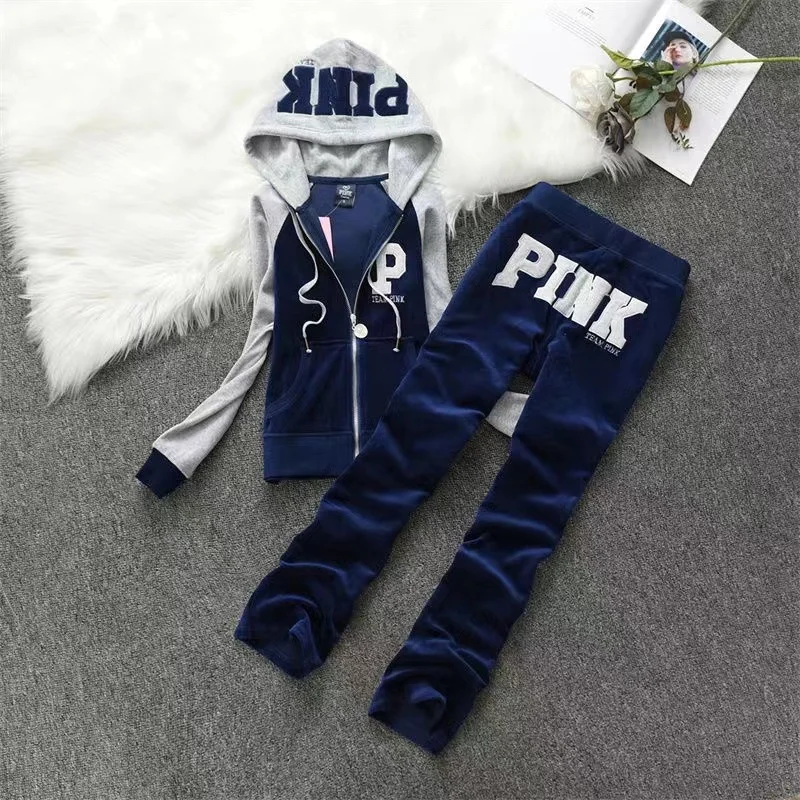 PINK Velvet Tracksuit Set 2024 Spring Autumn Hoodie and Embroidered Letter Pants 2 Piece Sets Women Outfit ﻿