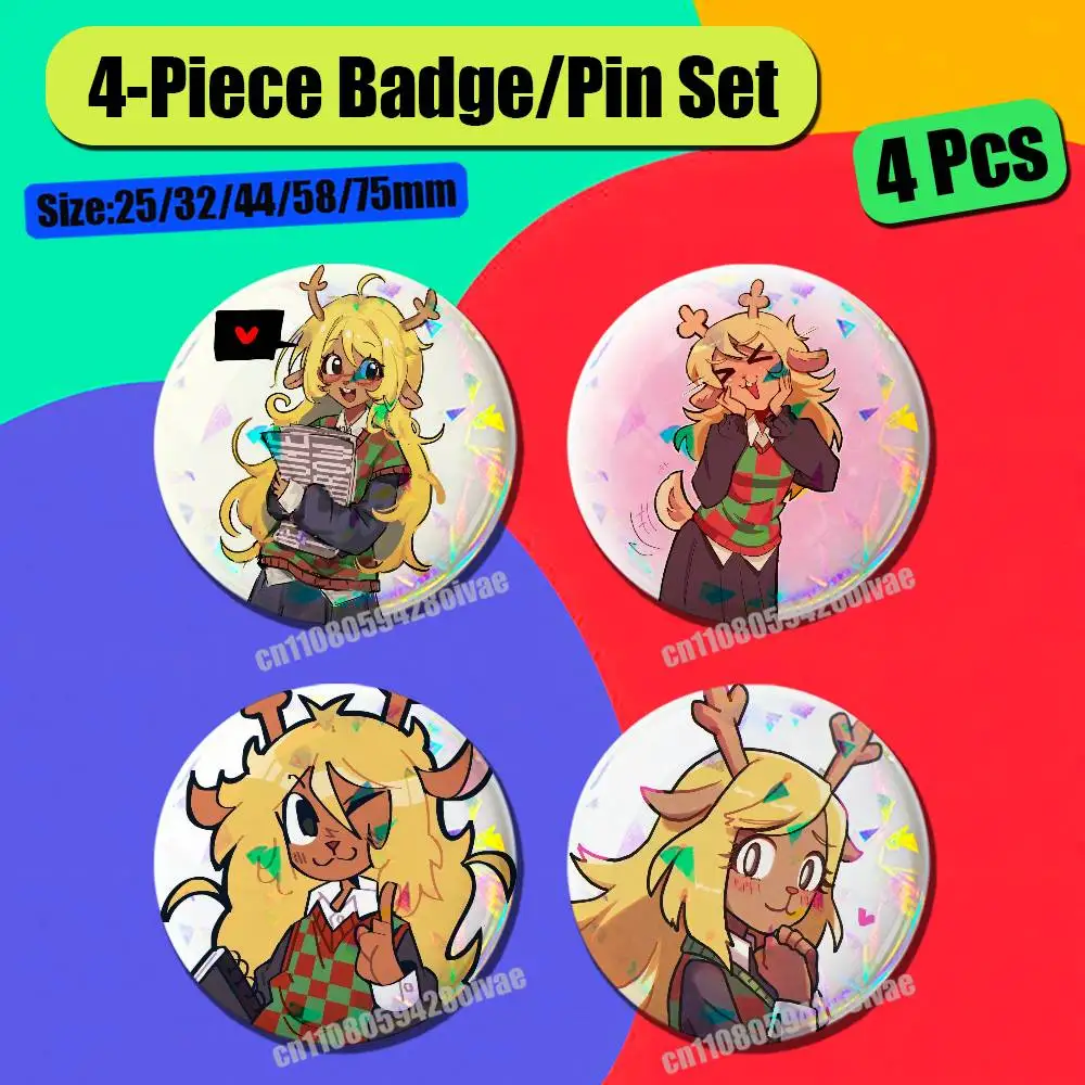 For D-Deltarune Noelle Holiday Badge Pin Insignia 4 Piece Set Round Button Emblem Laser Film Gift 44mm Custom