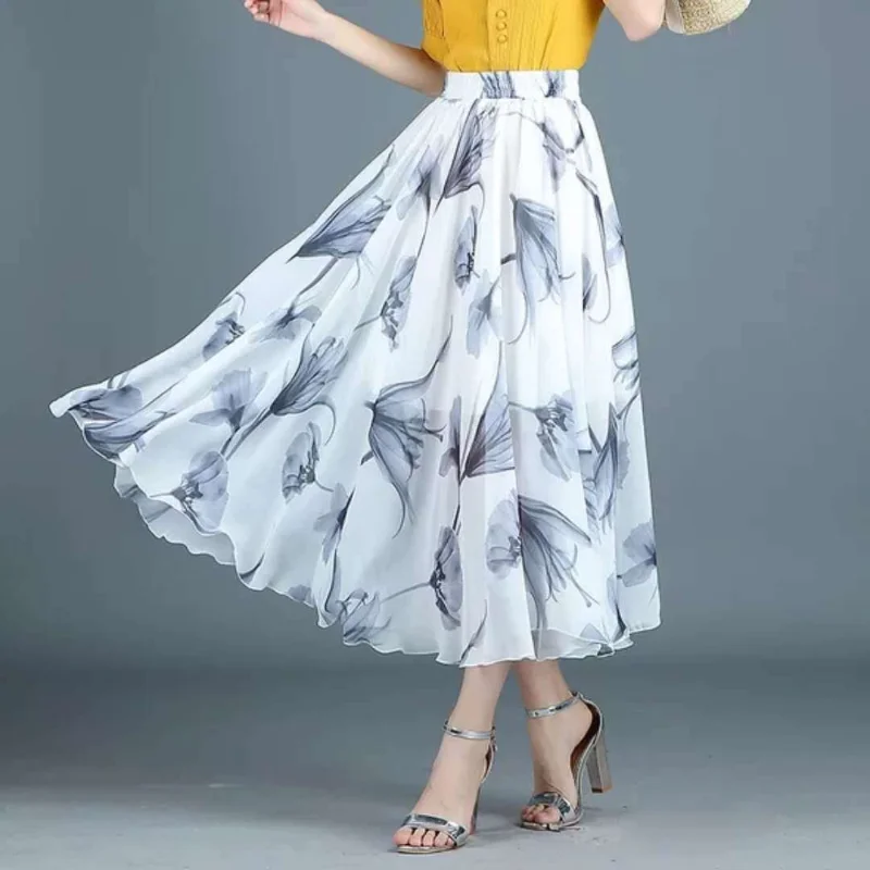 

A-line Skirts for Women 2024 Summer Clothes Floral Print Chiffon Midi Long Skirt Korean Fashion Faldas Mujer Skirt Femme Q24