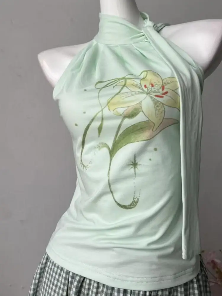 Yedinas Print Floral Tank Tops Sleeveless Summer Tops Chic Lace Up Green 2000s Clothes Y2k Halter Tops Clothes For Women Tanks