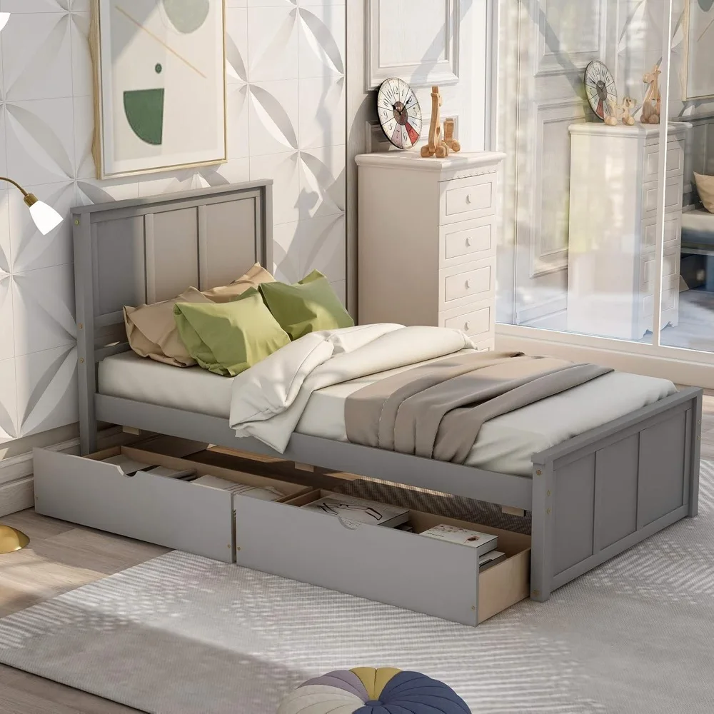 

Twin Bed with Drawers,Wood Platform Bed Frame with Headboard and Footboard Wooden Captain Beds for Boys, Girls, Kids, Teens