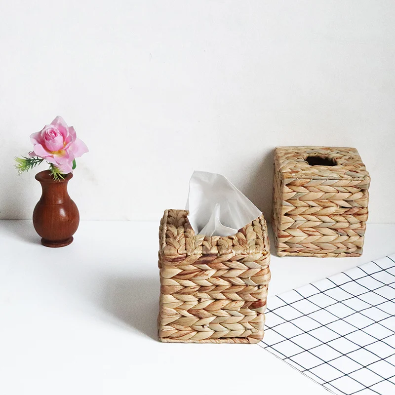 Spot Square Seaweed Tissue Box Korean Vintage Desktop Tissue Organizer Box Woven Tissue Box Decorative Wicker Water Hyacinth Tis