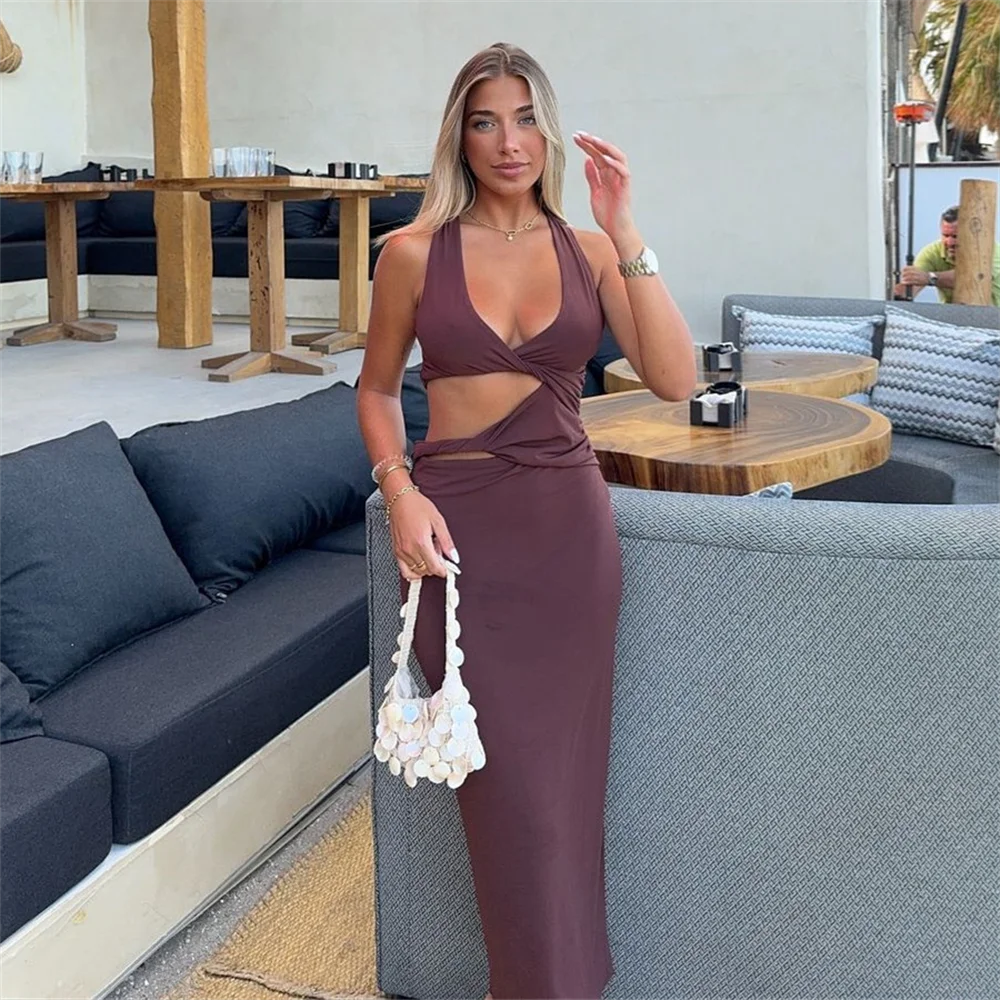 PB&ZA2024 Summer New Women's Fashion and Elegance Slim Fit Versatile Cutting Shoulder Strap Hollow Design V-neck Dress