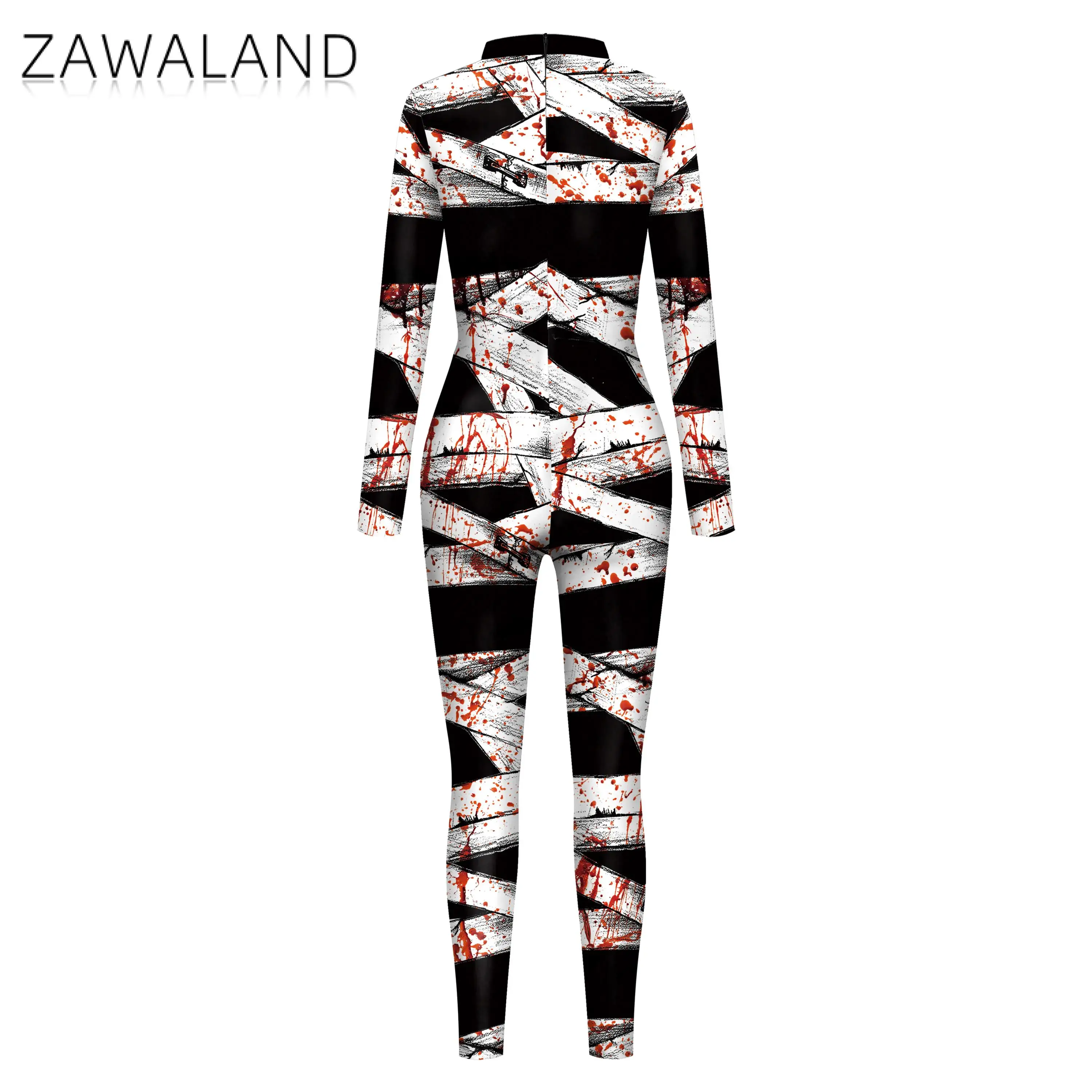 Zawaland Women Jumpsuit Wrapping tape 3D print pattern Cosplay Costume Halloween Outfit Party Bodysuit Elastic Scary Zentai Suit