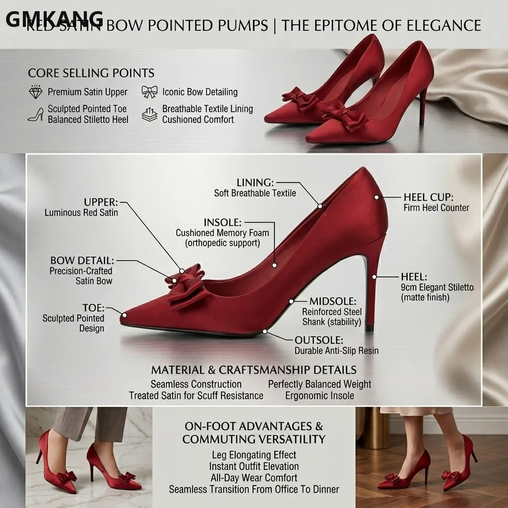 Classic Pointed Toe Low Heel Satin Bow Dress Shoes for Women, Elegant Office & Party Wear, Comfortable Slip On Heels