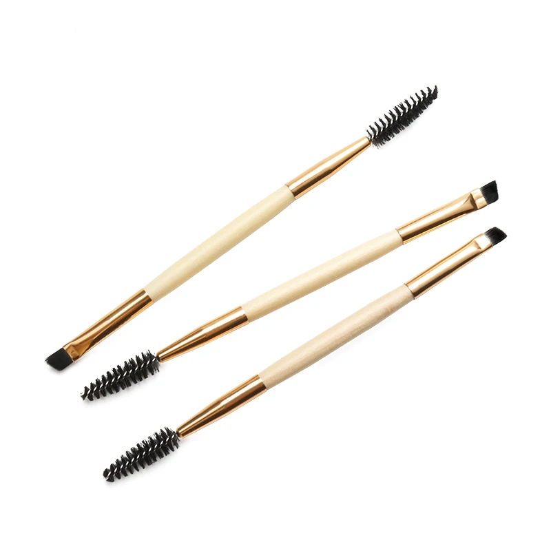 Bamboo Handle Double Ended Eyebrow Eyelash Makeup Brush Dual Head Angled Brow Brush Spoolie Lash Brush Combing Eyelashes Tools