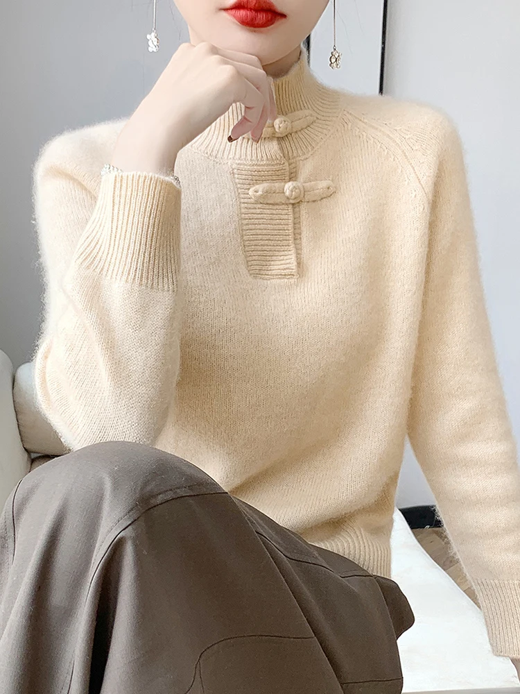 

Women's Chinese Style Sweater Autumn Winter Soft Warm 100% Merino Wool Knitted Pullover Half High Collar Female Clothing Tops
