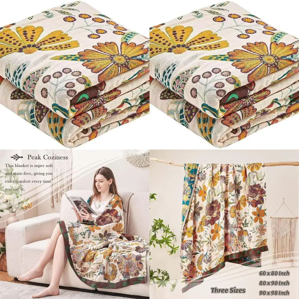 

Cotton Boho Quilt, Luxurious Softness, 90x98 Floral Farmhouse Style, Reversible Bohemian Throw for All Seasons