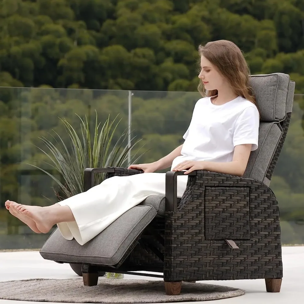 Outdoor Recliner with Independent Adjustable Back and Footrest, Air Pump 150° Lay Flat Chair With Olefin Cushion Flip-Up Table