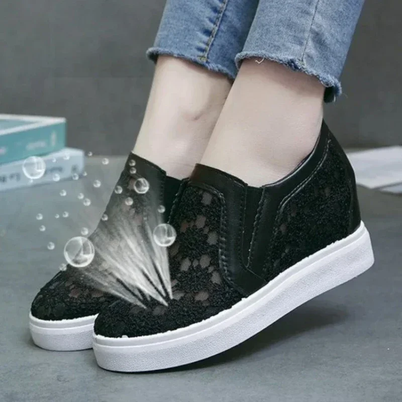 2024Lace Women Shoes  Spring Summer Wedges  For  Black White Breathable  Flower Sneakers  Loafers