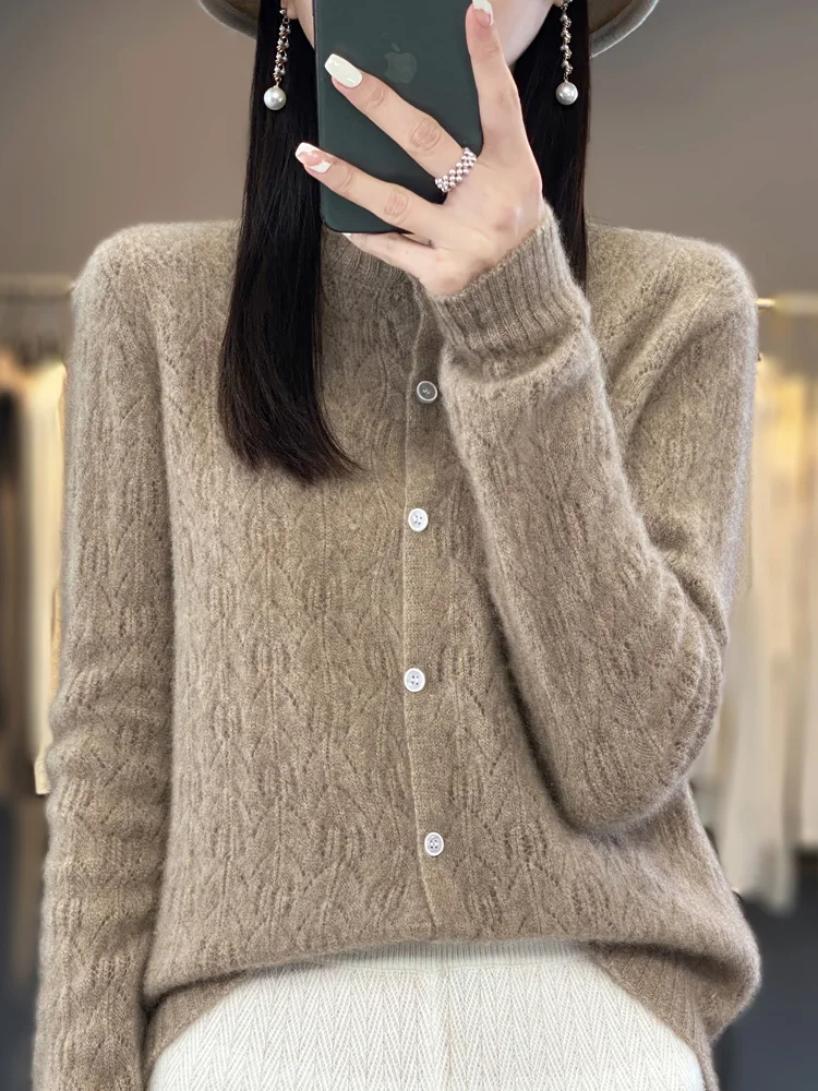 

Women 100% Merino Wool Cashmere Sweater Hollow Cardigan O-Neck Basic Style Buttoned Knitwear Female Grace Soft Clothes Top