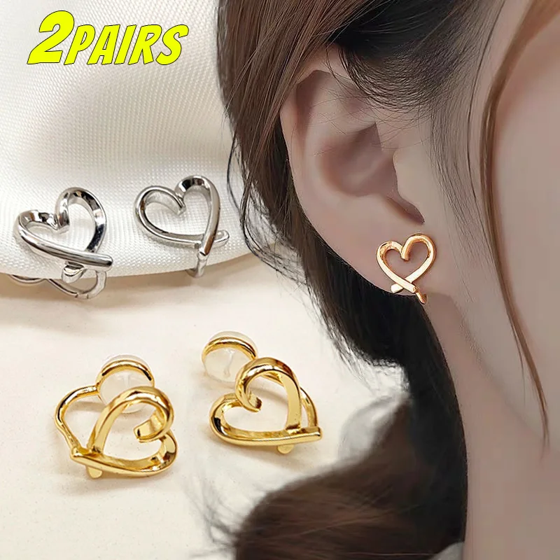 

1/2pairs Simple Heart Clip on Earrings Women Girls No-Piercing Silicone Hollow Love Ear Studs Cuff Korean Earrring Clips Jewelry