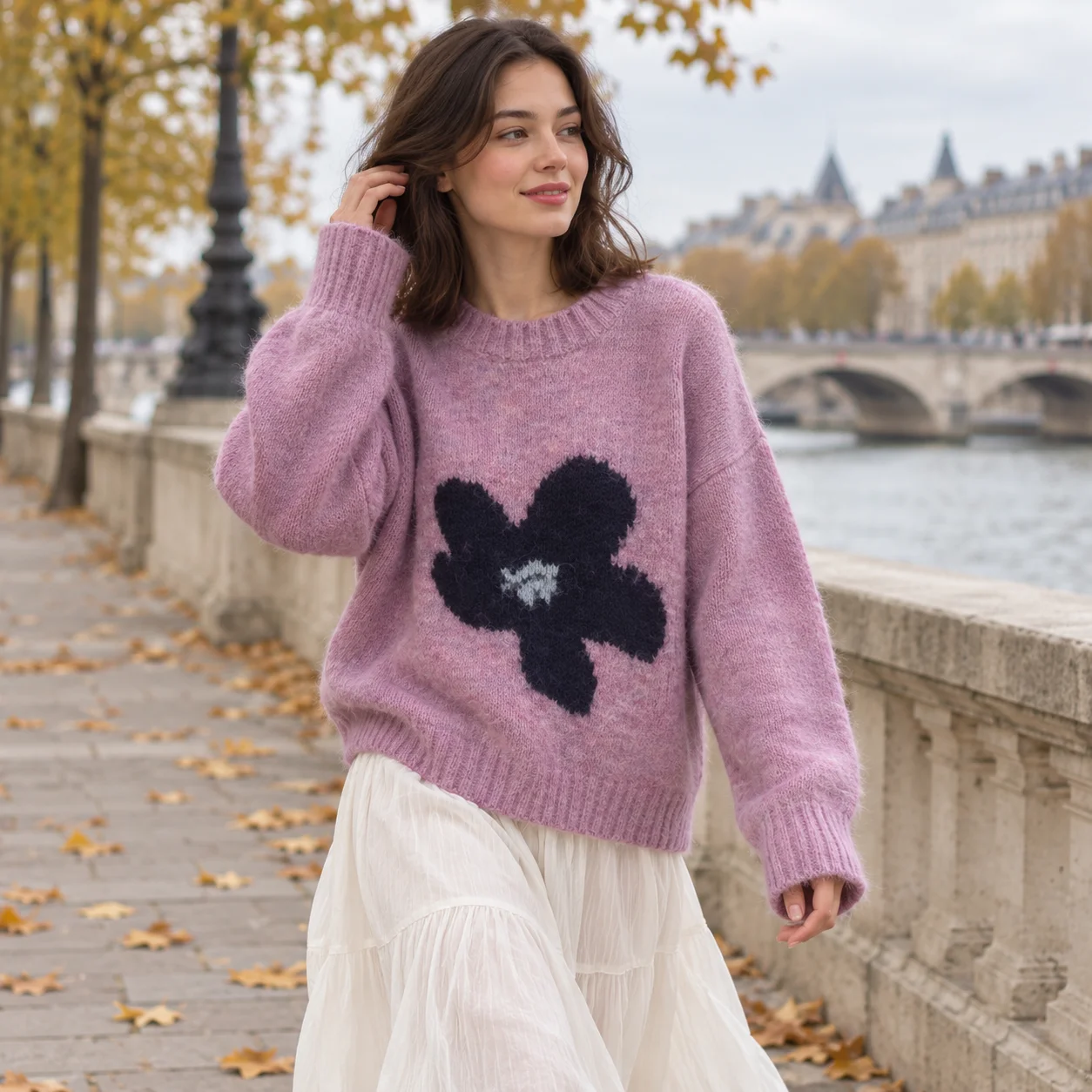 Women Floral Jacquard Knit Sweater Crew Neck Pullover Korean Loose Long Sleeve Autumn Winter Jumper Length
