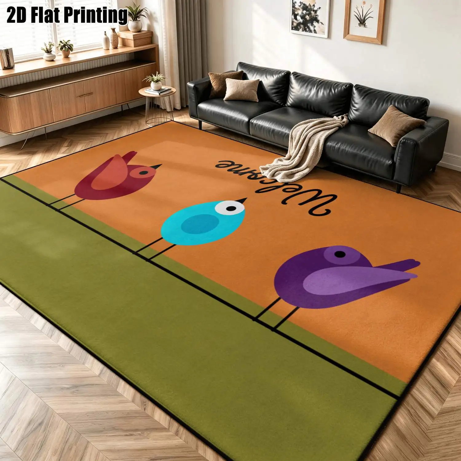 1Pc 2D Printed Carpet with Red-Blue Bird Letter Patterns: Nordic-Style, Instagram-Inspired, Modern Minimalist Geometric Striped Floor Mat, Home Decor, Multi-Size, Machine Washable, for Entrance, Foyer, Living Room, Bedroom