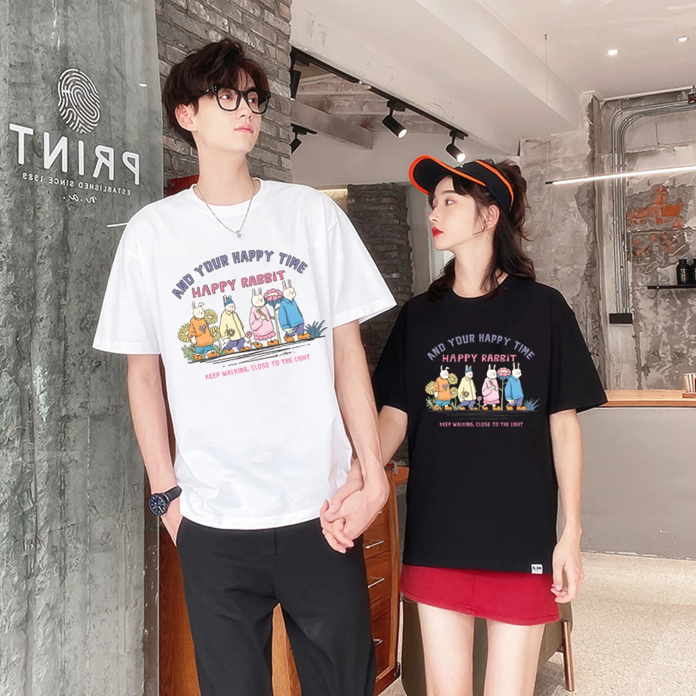 Cartoon Happy Rabbit Family Print Women Men Summer Fashion Short Sleeved Graphic T-shirt Tee For Couple 240g Cotton Tshirt Top