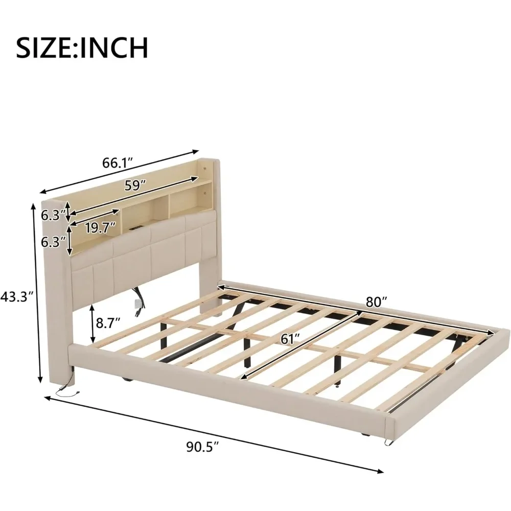 Queen Bed Frame with LED & Storage Headboard，Linen Upholstered，No Box Spring Needed Easy To Assemble No Noise，Floating Bed Frame