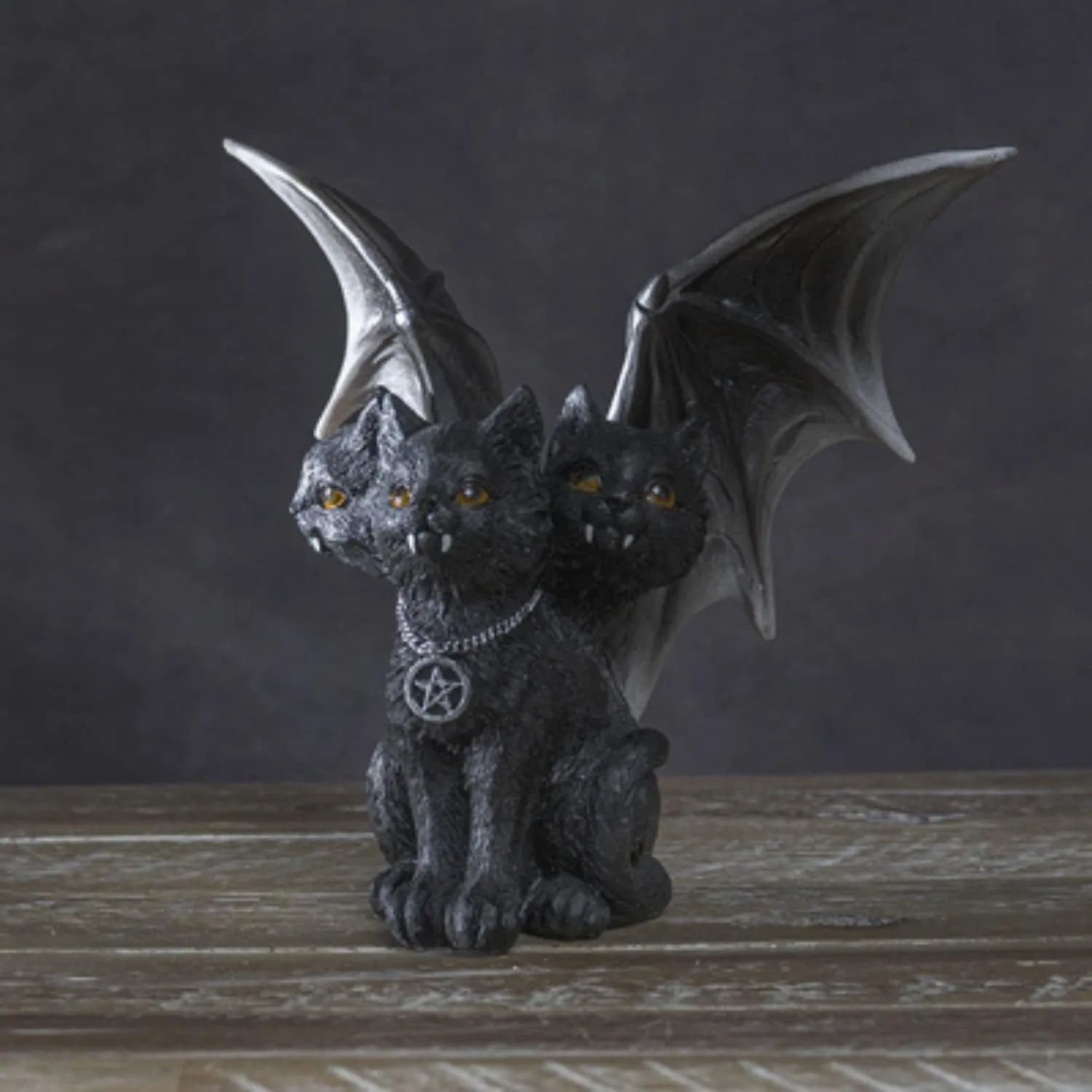 Creative Halloween Black Evil Bat Wings Three headed Cat Resin Craft Decoration Ornament