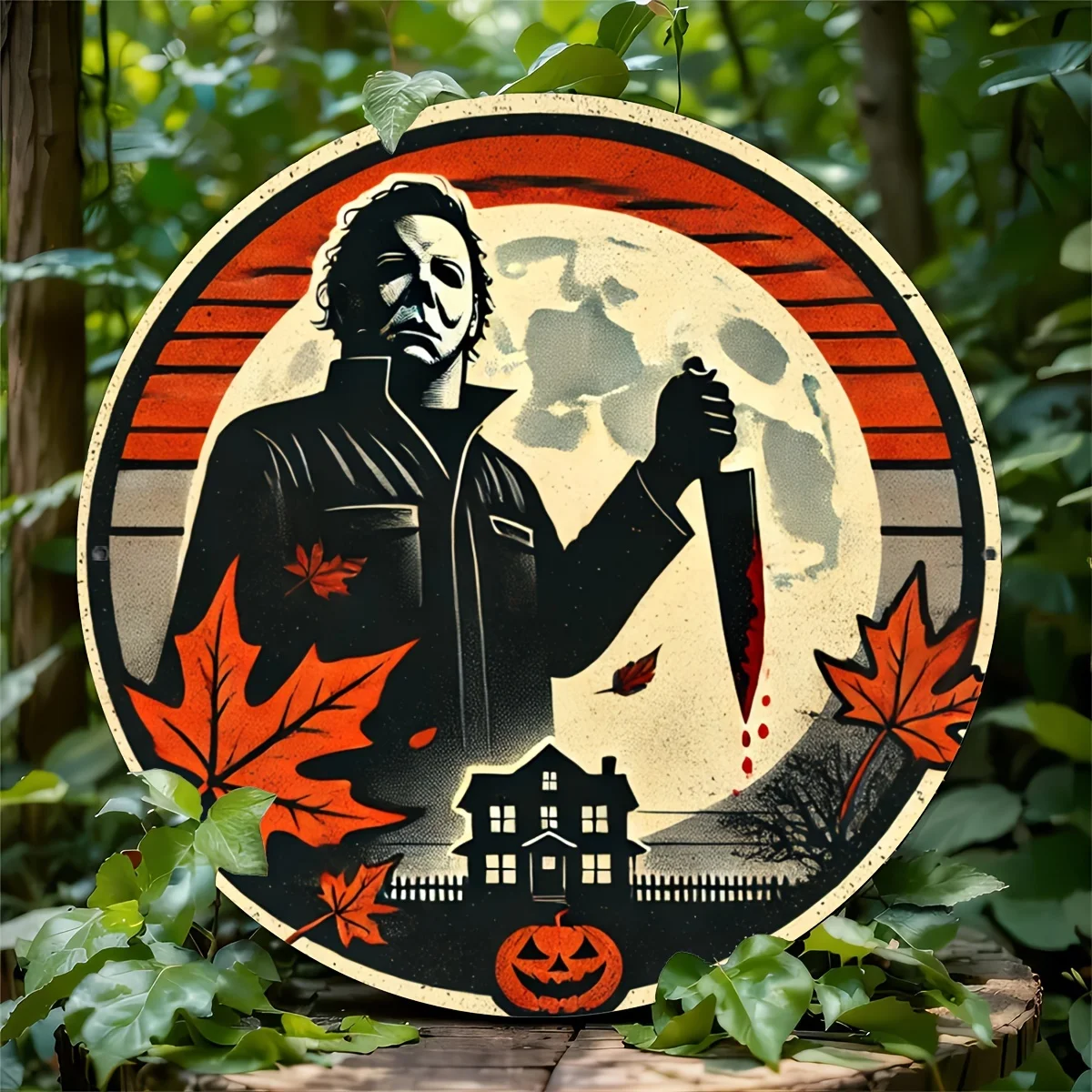 لافتة ألومنيوم دائرية للهالوين من مايكل مايرز - ديكور فني جداري مقاس 11.8 بوصة للمنزل والمقهى والمرآب والمزرعة والعطلات