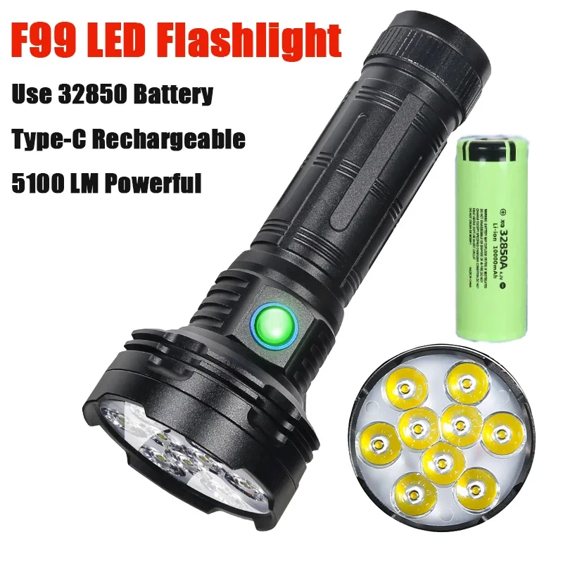 F99 Powerful LED Flashlight Built in 32850 Battery Rechargeable Tactical Torch 5100LM Long Range Outdoor Camping Fishing Lantern