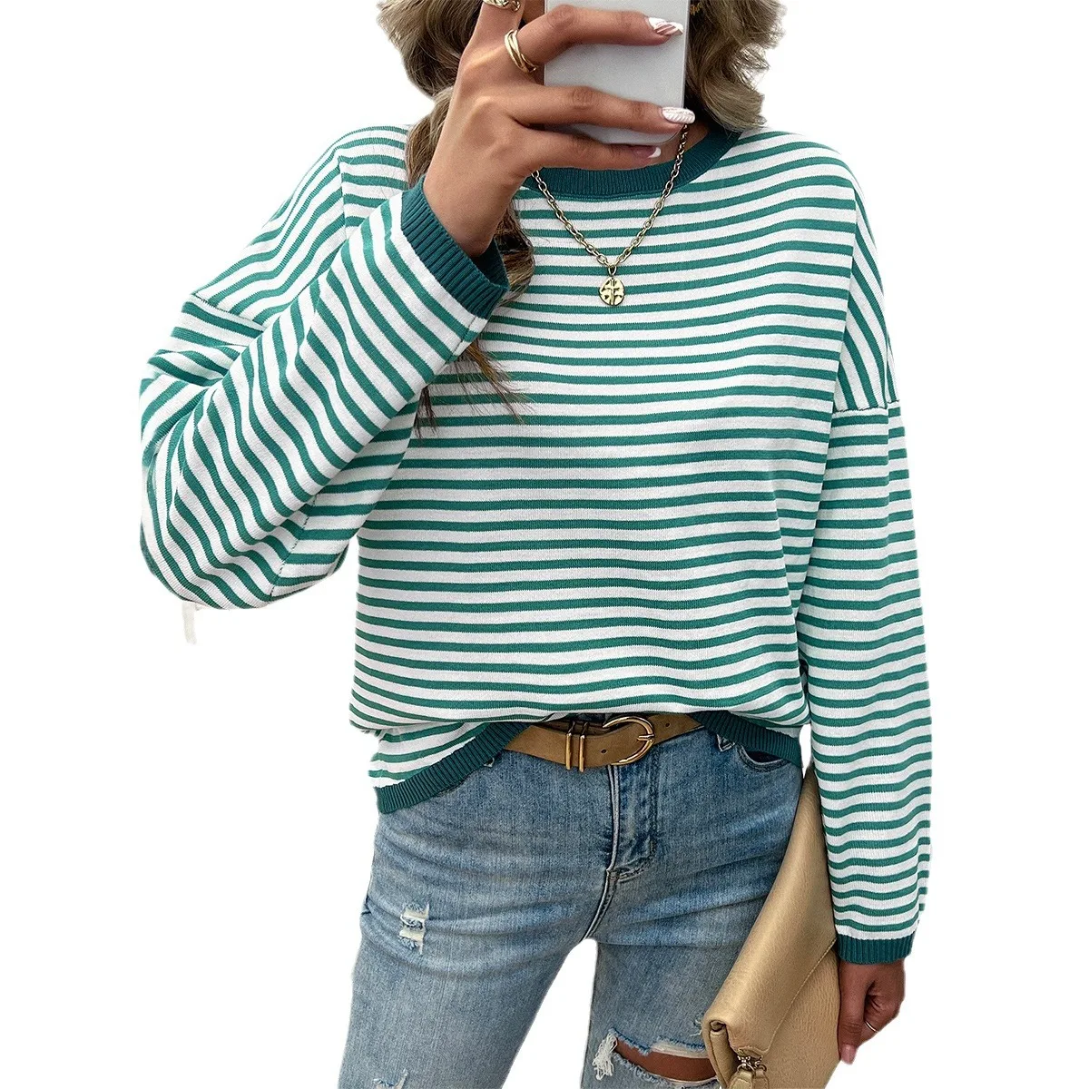 الأوروبية والأمريكية عبر الحدود AliExpress الأمازون الخريف والشتاء أعلى المرأة مزاجه عارضة طاقم الرقبة سترة مخططة